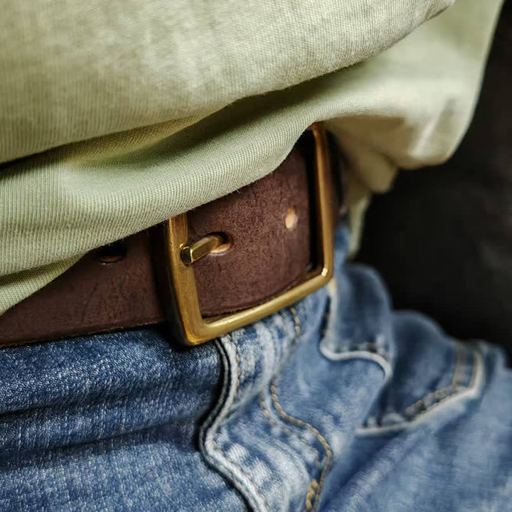 Ceinture décontractée en cuir vieilli fait main avec boucle en laiton