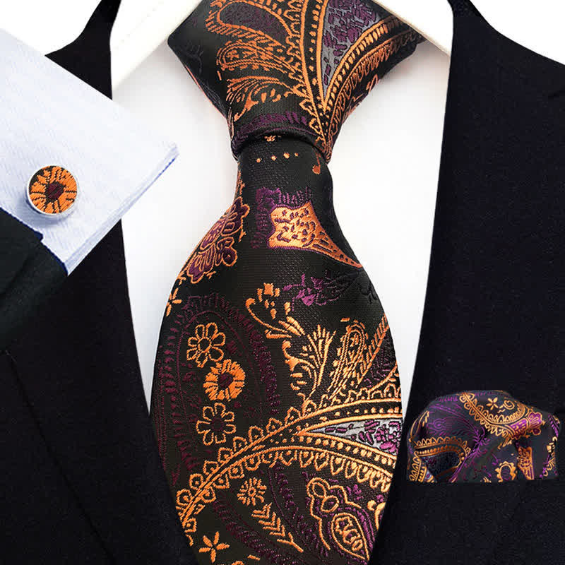 Ensemble de 3 cravates pour hommes à motifs de fleurs cachemire orange, doré et violet