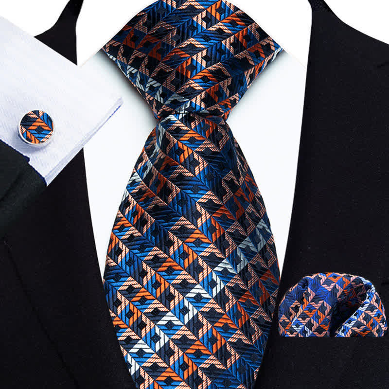 Ensemble de 3 cravates à carreaux irréguliers bleus et orange pour hommes