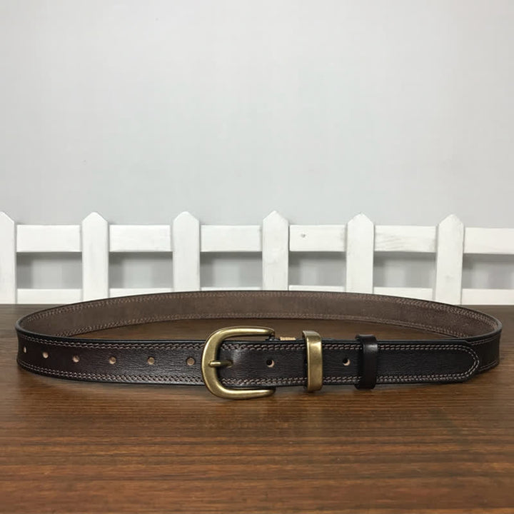 Ceinture étroite en cuir à double couture et boucle en laiton pour femme