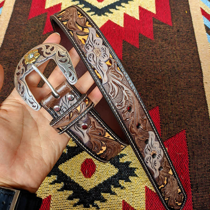 Ceinture en cuir marron et jaune avec boucle à fleur sculptée
