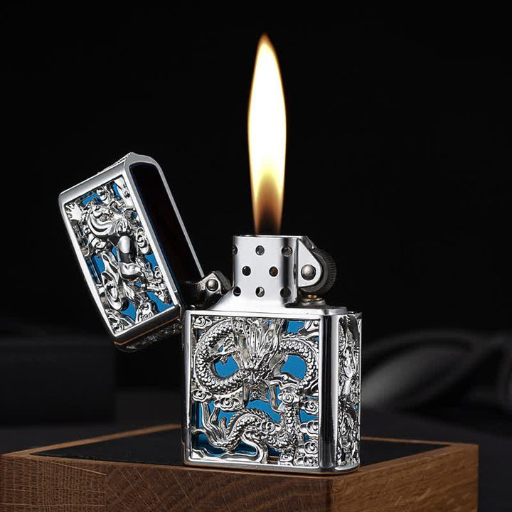 Briquet à kérosène rechargeable en forme de dragon sculpté en 3D en relief