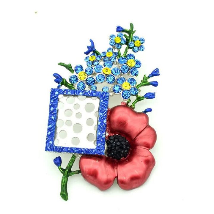 Broche fleur de pavot en strass avec cadre photo