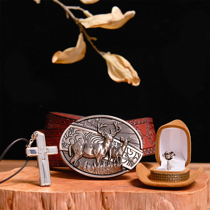 Ensemble de boucles de ceinture, collier, croix, bague, rose, couteau caché, cerf, créatif, DIY