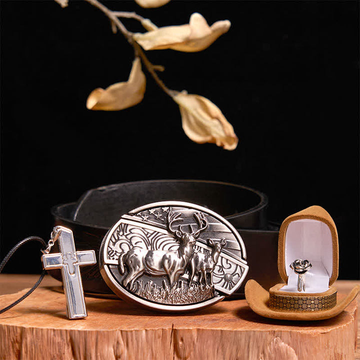 Ensemble de boucles de ceinture, collier, croix, bague, rose, couteau caché, cerf, créatif, DIY
