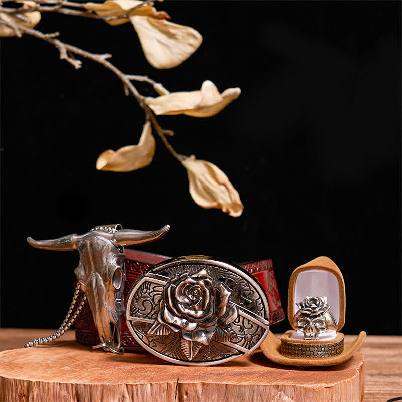 Ensemble de boucles de ceinture, couteau caché, pendentif taureau, crâne et bague rose à faire soi-même