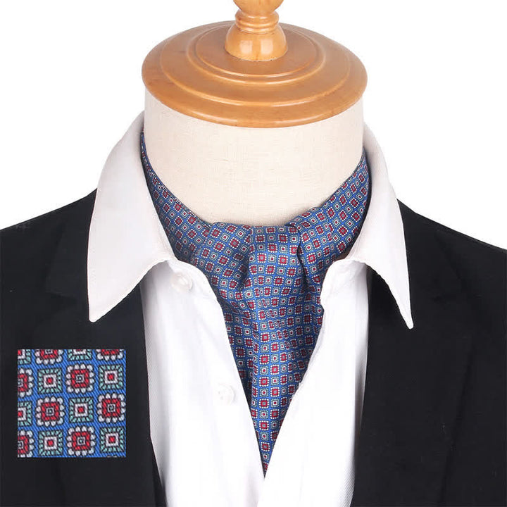 Cravate Ascot à imprimé géométrique bleu et rouge à petits carrés