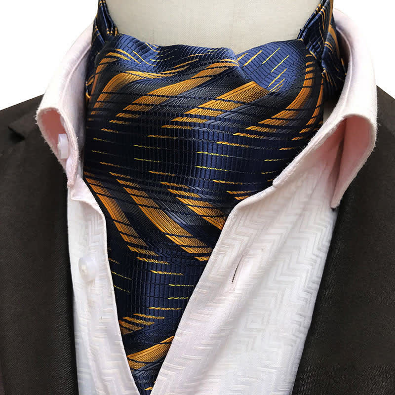 Cravate Ascot formelle à rayures abstraites bleu marine et jaune