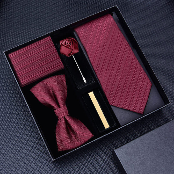 Lot de 5 cravates en sergé pour homme avec broche rose et nœud papillon, coffret cadeau