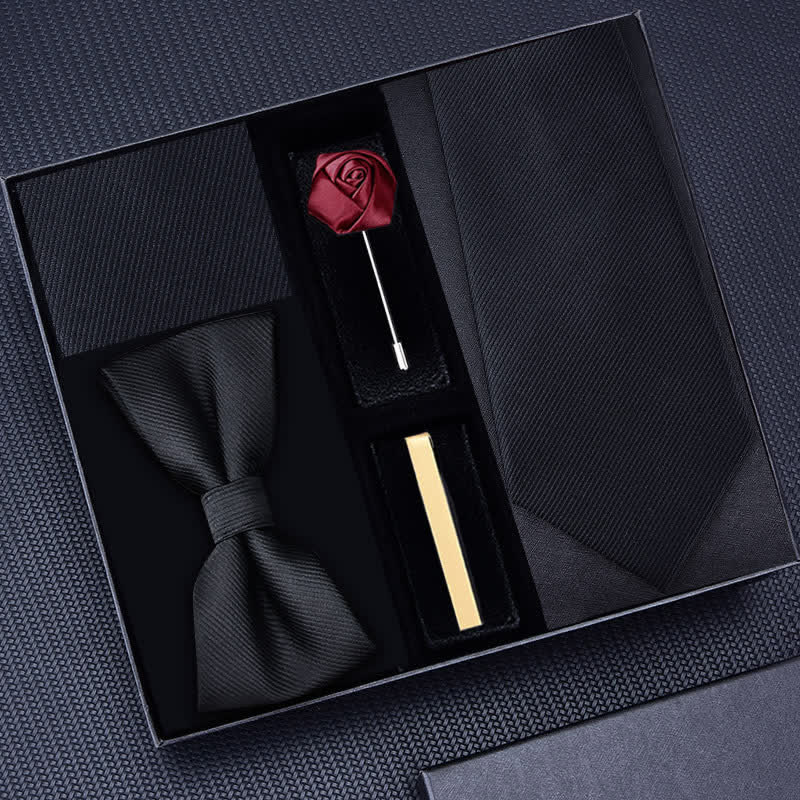 Lot de 5 cravates en sergé pour homme avec broche rose et nœud papillon, coffret cadeau