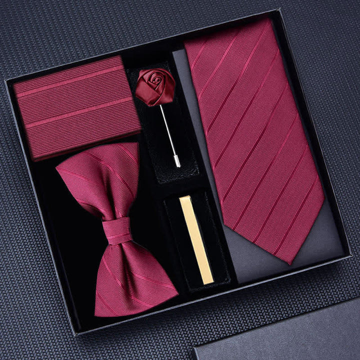 Lot de 5 cravates en sergé pour homme avec broche rose et nœud papillon, coffret cadeau