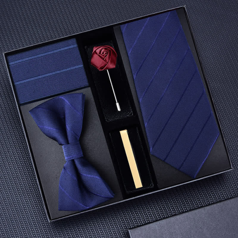 Lot de 5 cravates en sergé pour homme avec broche rose et nœud papillon, coffret cadeau
