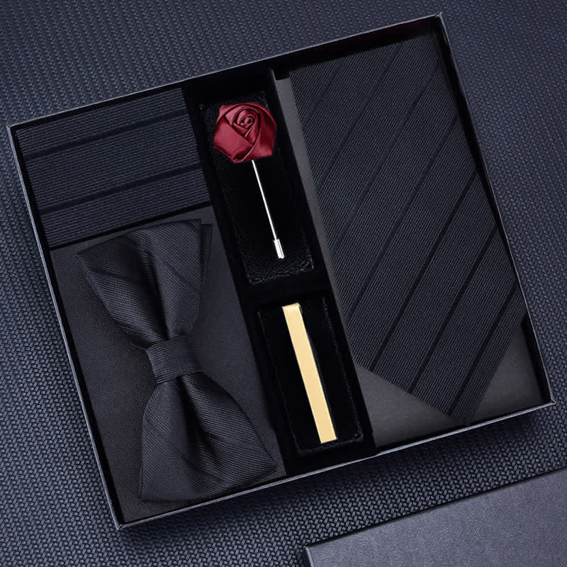 Lot de 5 cravates en sergé pour homme avec broche rose et nœud papillon, coffret cadeau