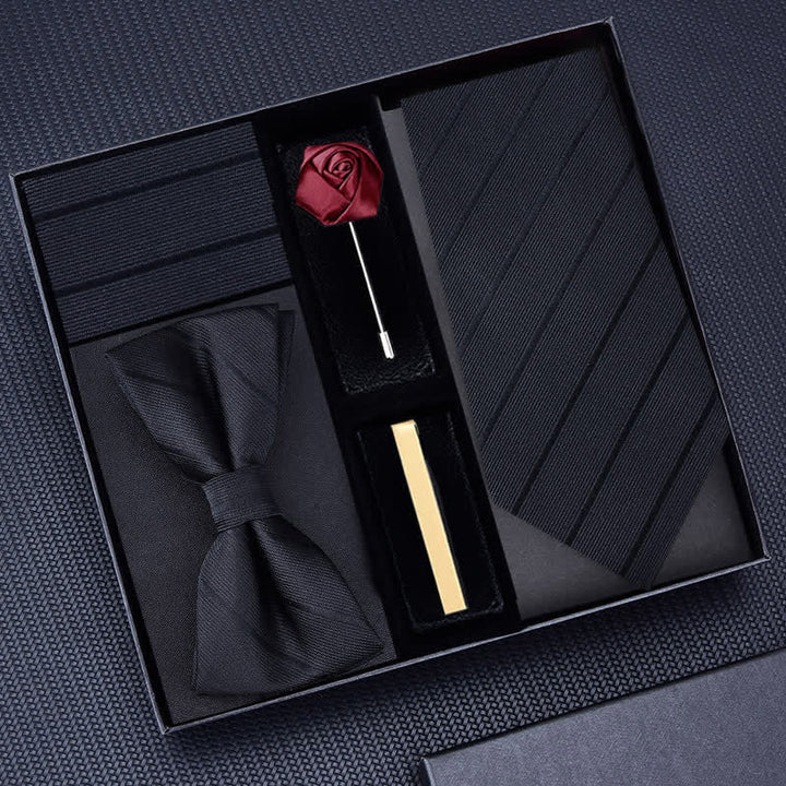 Lot de 5 cravates en sergé pour homme avec broche rose et nœud papillon, coffret cadeau