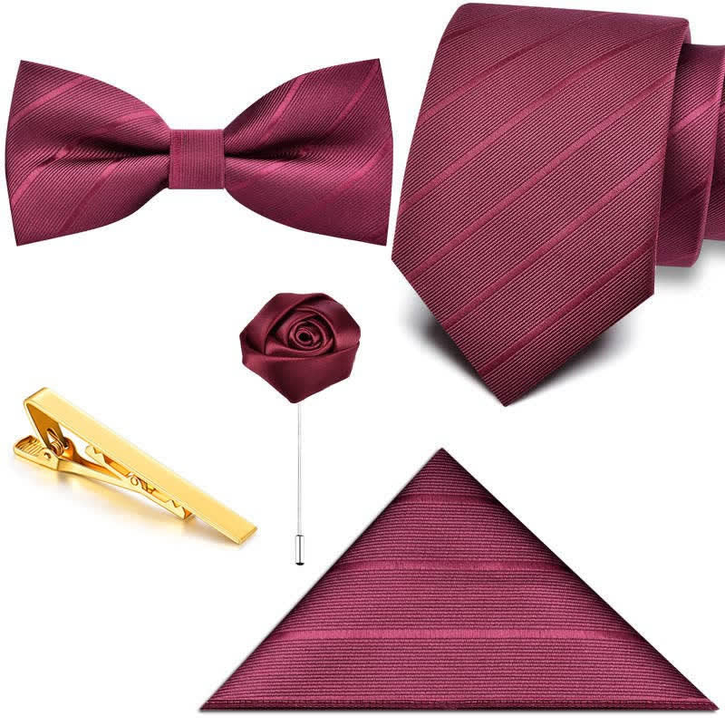 Lot de 5 cravates en sergé pour homme avec broche rose et nœud papillon, coffret cadeau