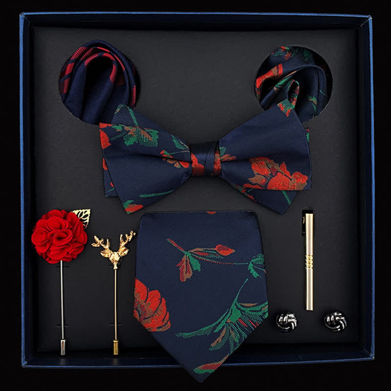 Coffret cadeau de 8 nœuds papillons bleu marine et rouge pour homme avec motif de roses charmantes
