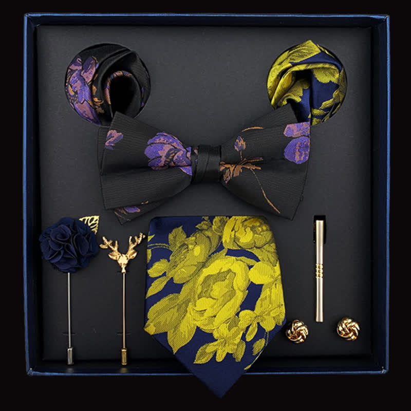 Lot de 8 cravates florales jaunes pour homme, nœuds papillon noirs et violets, coffret cadeau