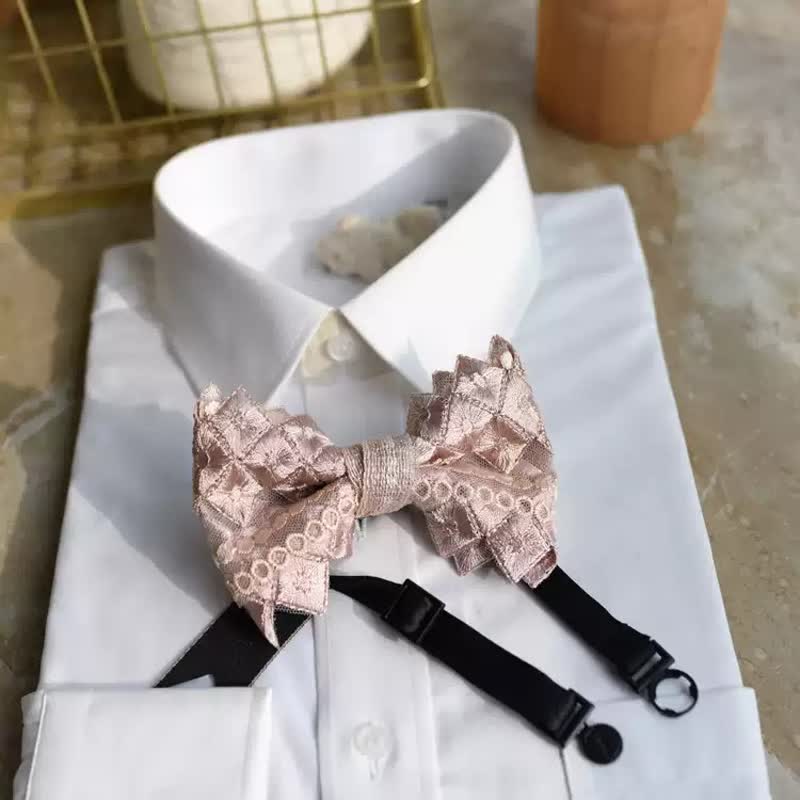 Nœud papillon surdimensionné en dentelle exquise pour homme, gris et rose