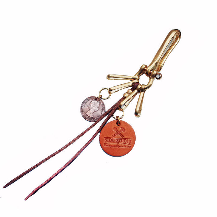 Porte-clés en cuir avec clip de ceinture en laiton antique de style mécanique