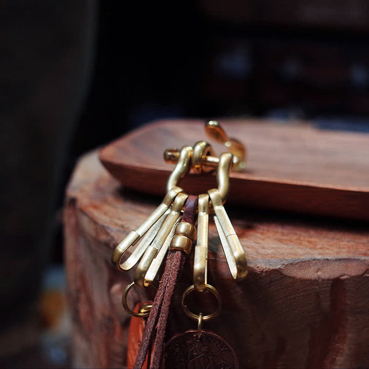 Porte-clés en cuir avec clip de ceinture en laiton antique de style mécanique