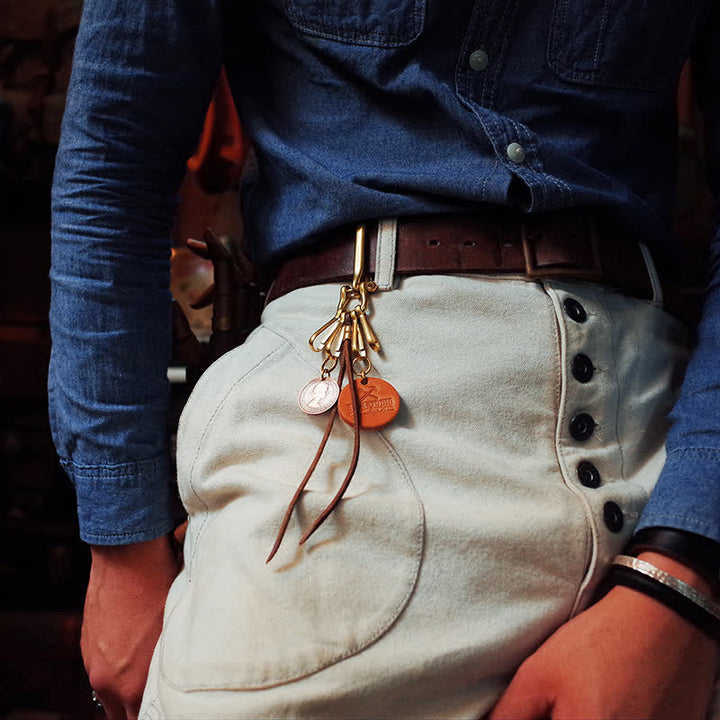 Porte-clés en cuir avec clip de ceinture en laiton antique de style mécanique