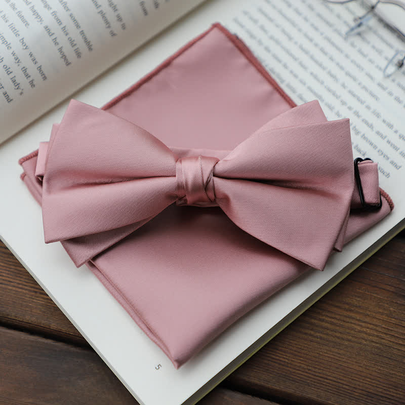 Nœud papillon double épaisseur de couleur unie pour homme - Rose - Noeud papillon + mouchoir - image 20