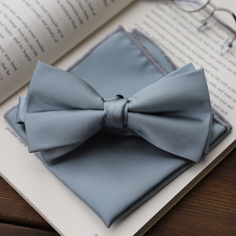 Nœud papillon double épaisseur de couleur unie pour homme - Gris argenté - Noeud papillon + mouchoir - image 14