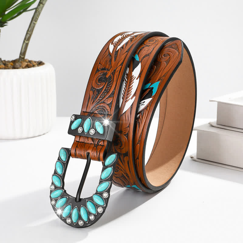 Ceinture en cuir à boucle turquoise à imprimé plumes vintage bohème chic