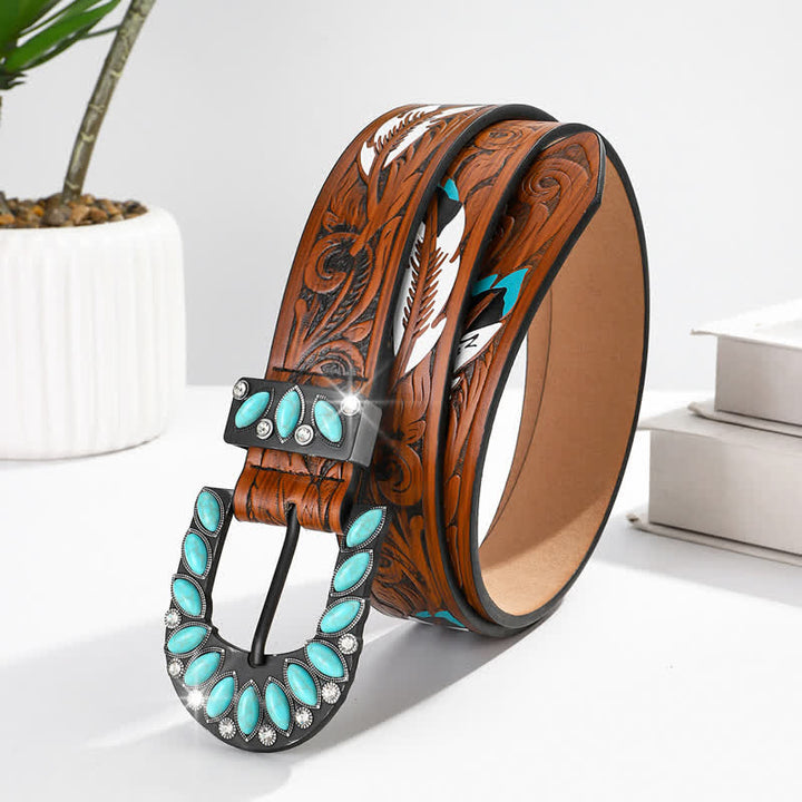 Ceinture en cuir à boucle turquoise à imprimé plumes vintage bohème chic