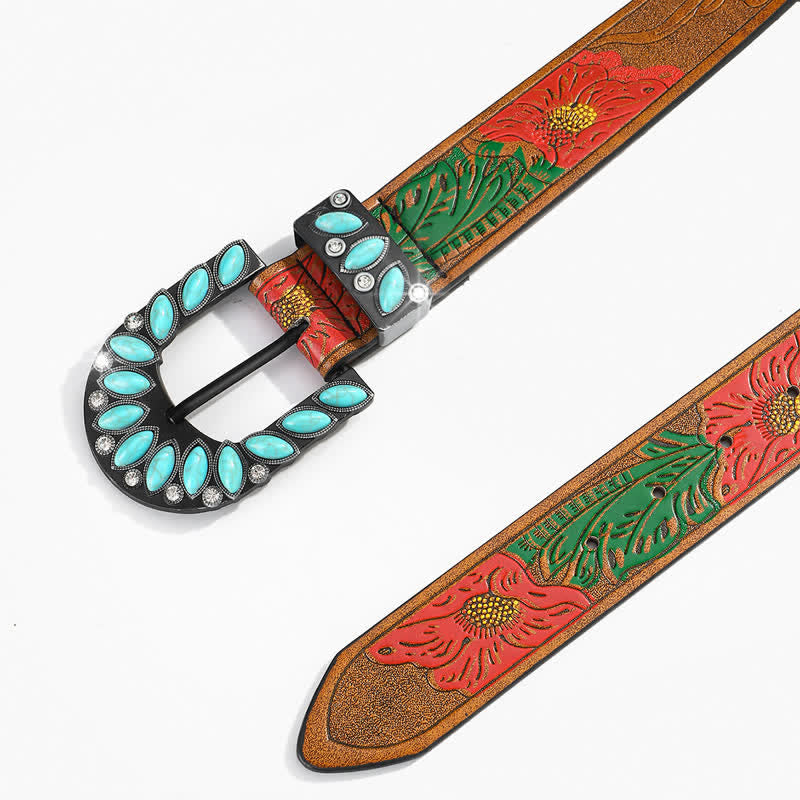 Ceinture en cuir à boucle turquoise à imprimé plumes vintage bohème chic