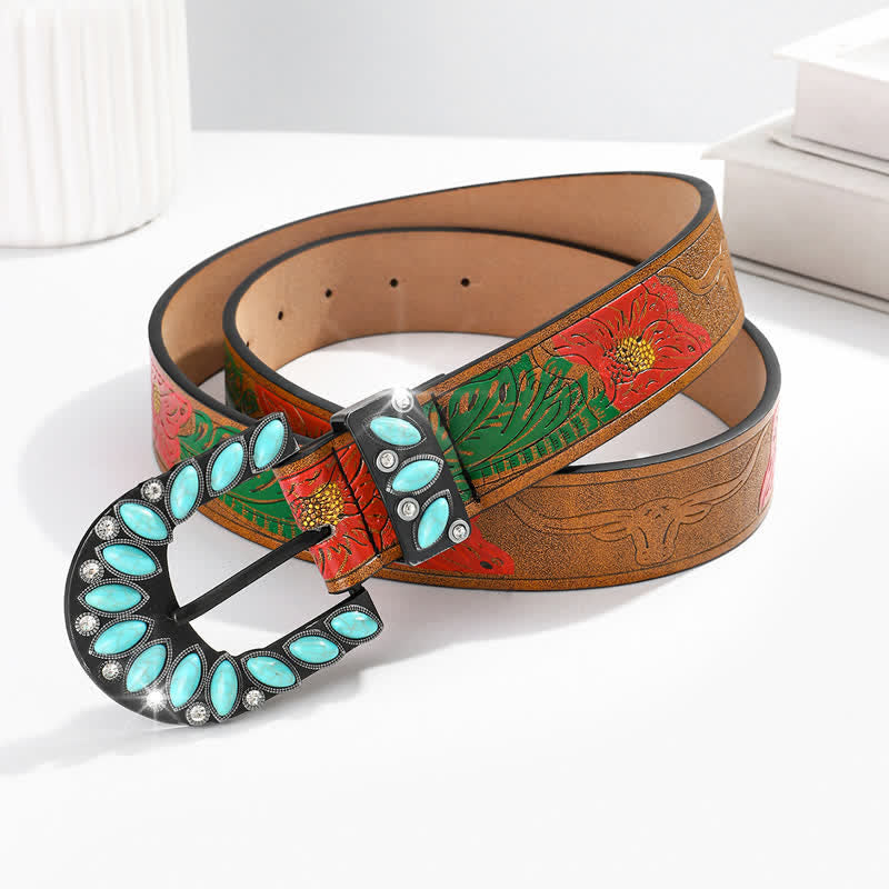 Ceinture en cuir à boucle turquoise à imprimé plumes vintage bohème chic