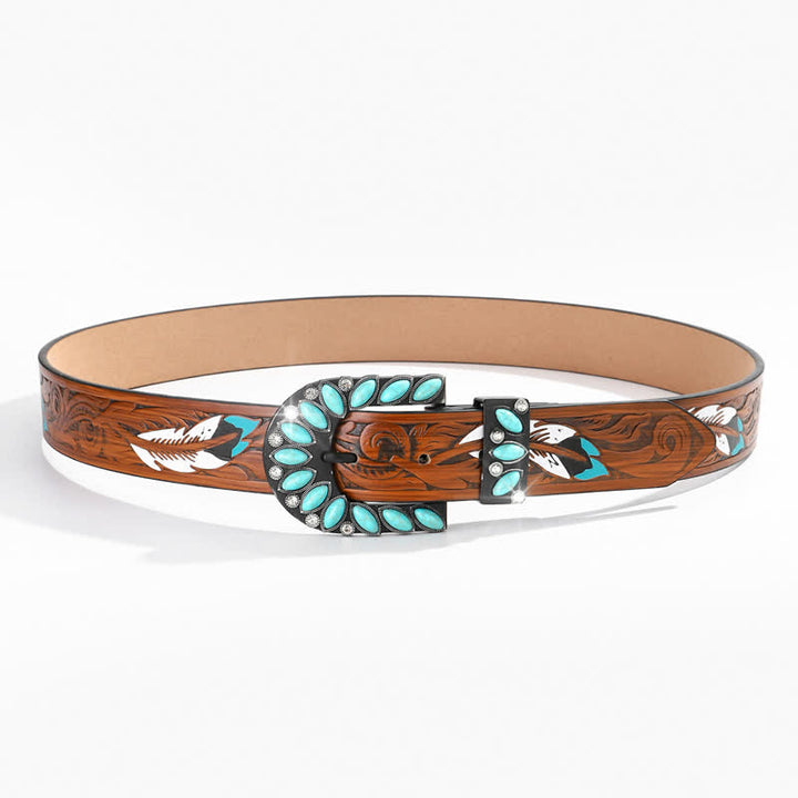 Ceinture en cuir à boucle turquoise à imprimé plumes vintage bohème chic