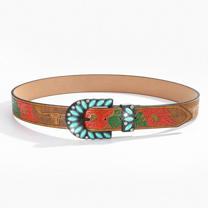 Ceinture en cuir à boucle turquoise à imprimé plumes vintage bohème chic