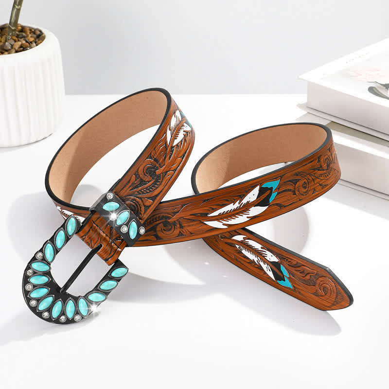 Ceinture en cuir à boucle turquoise à imprimé plumes vintage bohème chic