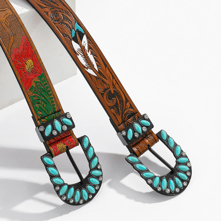 Ceinture en cuir à boucle turquoise à imprimé plumes vintage bohème chic