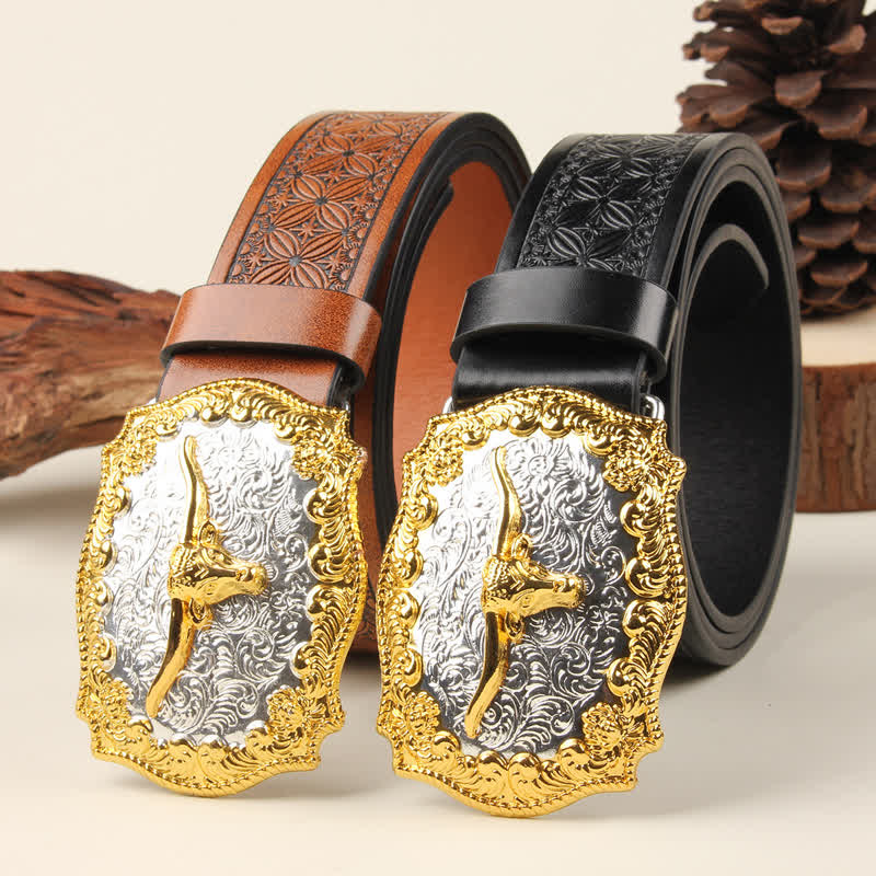 Ceinture en cuir avec boucle de taureau western dorée et argentée