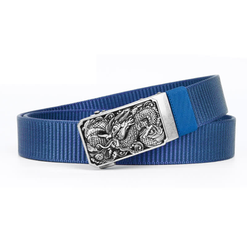 Ceinture en nylon à boucle automatique pour homme avec dragon enroulé argenté