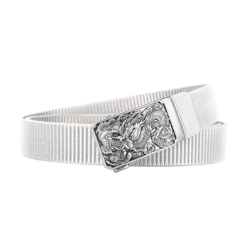 Ceinture en nylon à boucle automatique pour homme avec dragon enroulé argenté