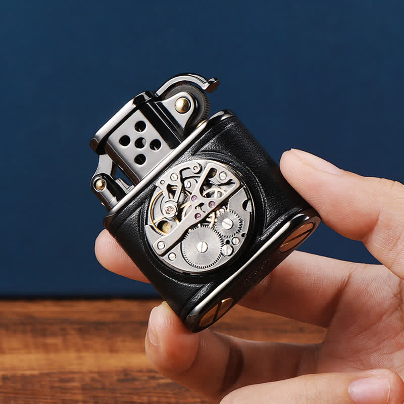 Briquet à pétrole mécanique Steampunk en cuir antique