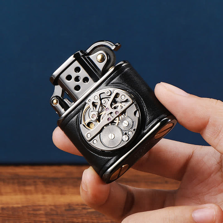 Briquet à pétrole mécanique Steampunk en cuir antique