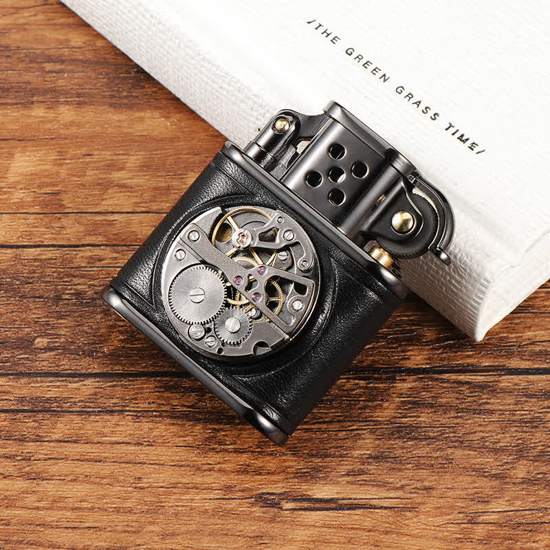 Briquet à pétrole mécanique Steampunk en cuir antique