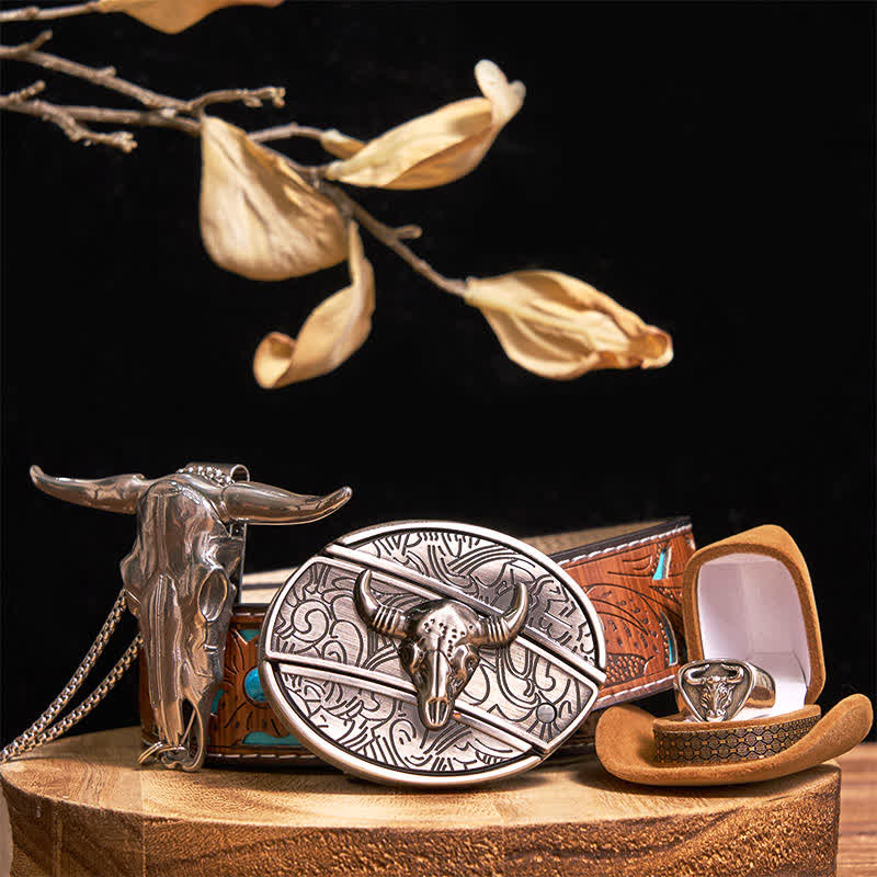 Ensemble de boucles de ceinture, pendentifs et bagues à faire soi-même, couteau caché, taureau Longhorn
