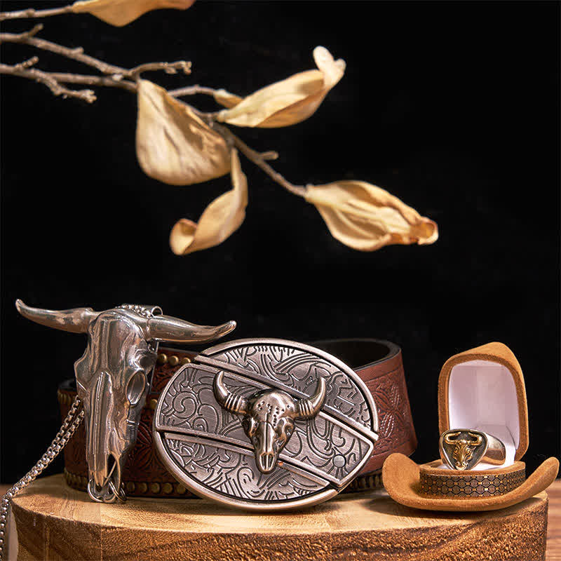 Ensemble de boucles de ceinture, pendentifs et bagues à faire soi-même, couteau caché, taureau Longhorn