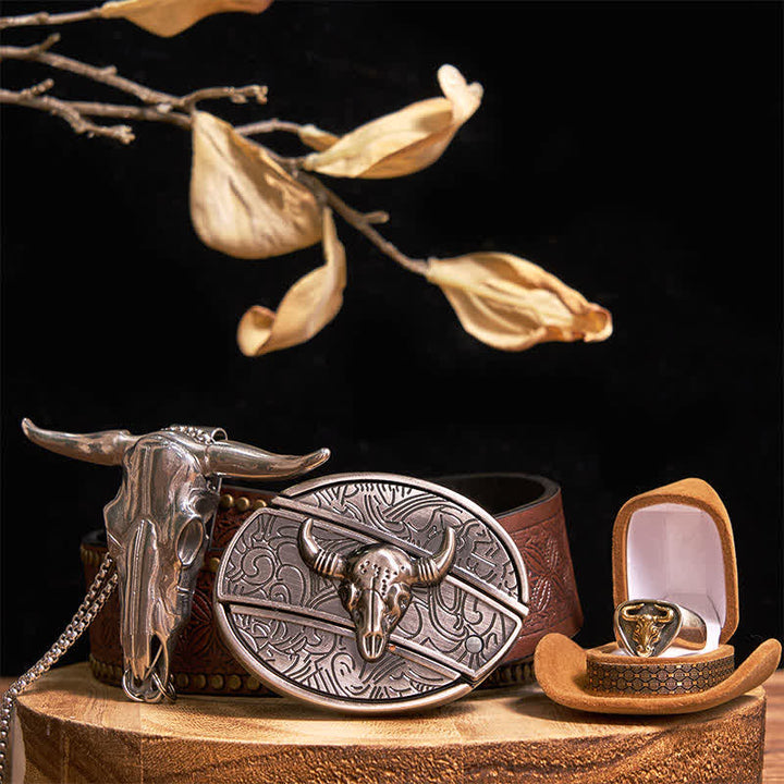 Ensemble de boucles de ceinture, pendentifs et bagues à faire soi-même, couteau caché, taureau Longhorn
