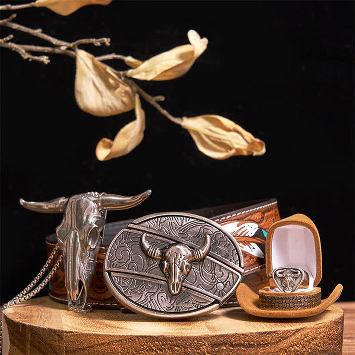 Ensemble de boucles de ceinture, pendentifs et bagues à faire soi-même, couteau caché, taureau Longhorn