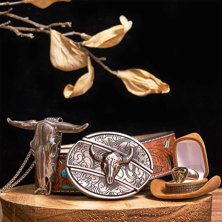 Ensemble de boucles de ceinture, pendentifs et bagues à faire soi-même, couteau caché, taureau Longhorn