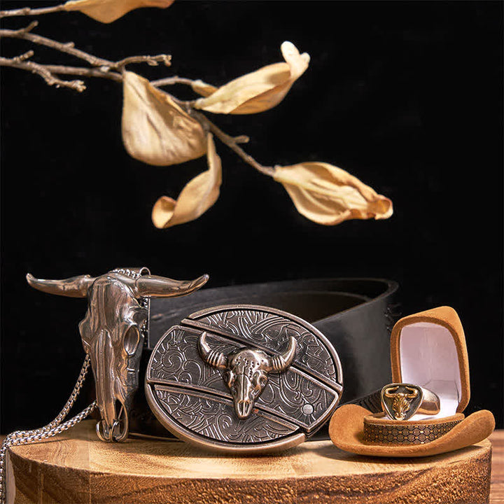 Ensemble de boucles de ceinture, pendentifs et bagues à faire soi-même, couteau caché, taureau Longhorn