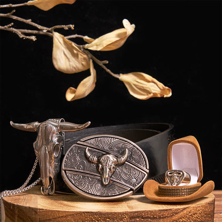 Ensemble de boucles de ceinture, pendentifs et bagues à faire soi-même, couteau caché, taureau Longhorn