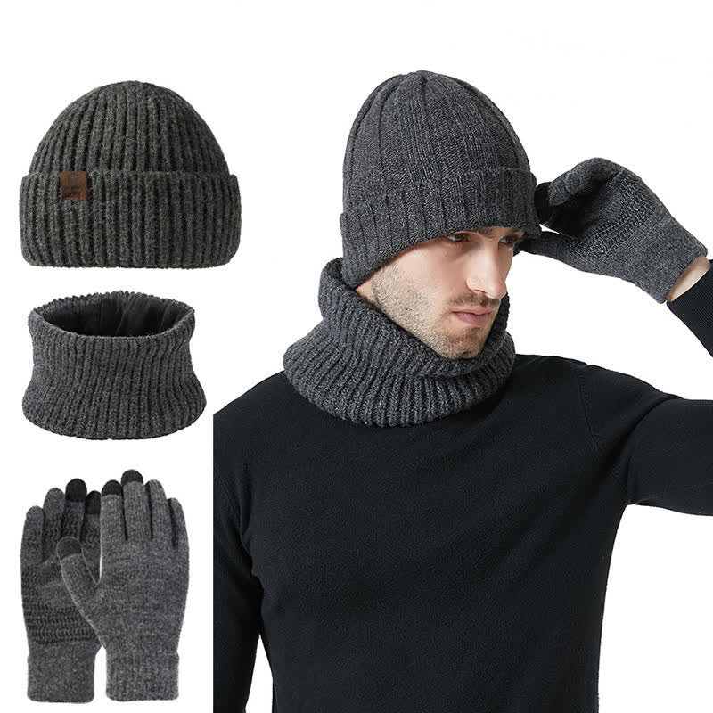 Ensemble de 3 gants unisexes de couleur unie avec bonnet et cache-cou