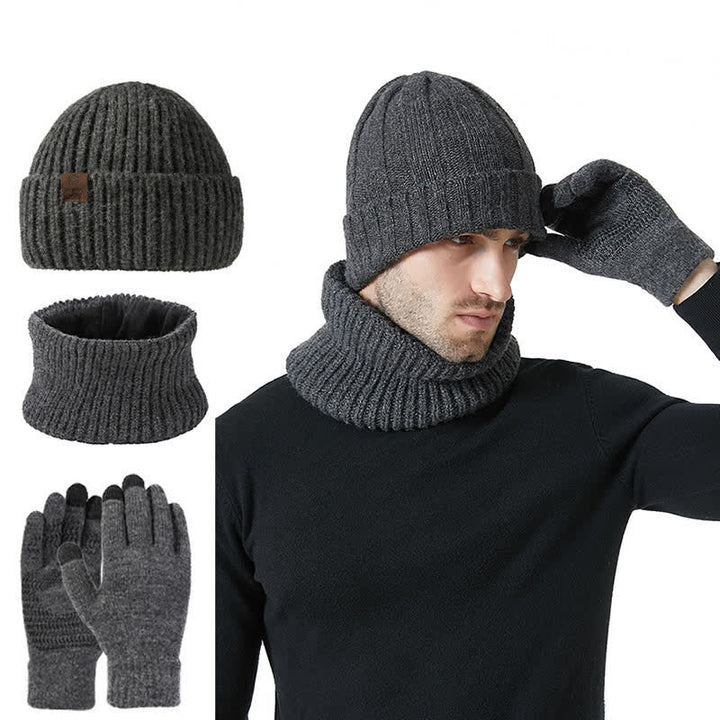 Ensemble de 3 gants unisexes de couleur unie avec bonnet et cache-cou